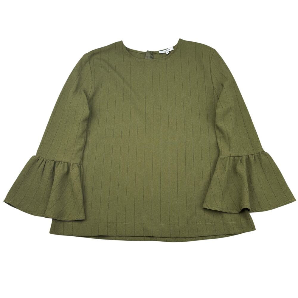 GANNI Clark Bell Sleeve Top in Olive Green Size 10 - Picture 2 of 7
